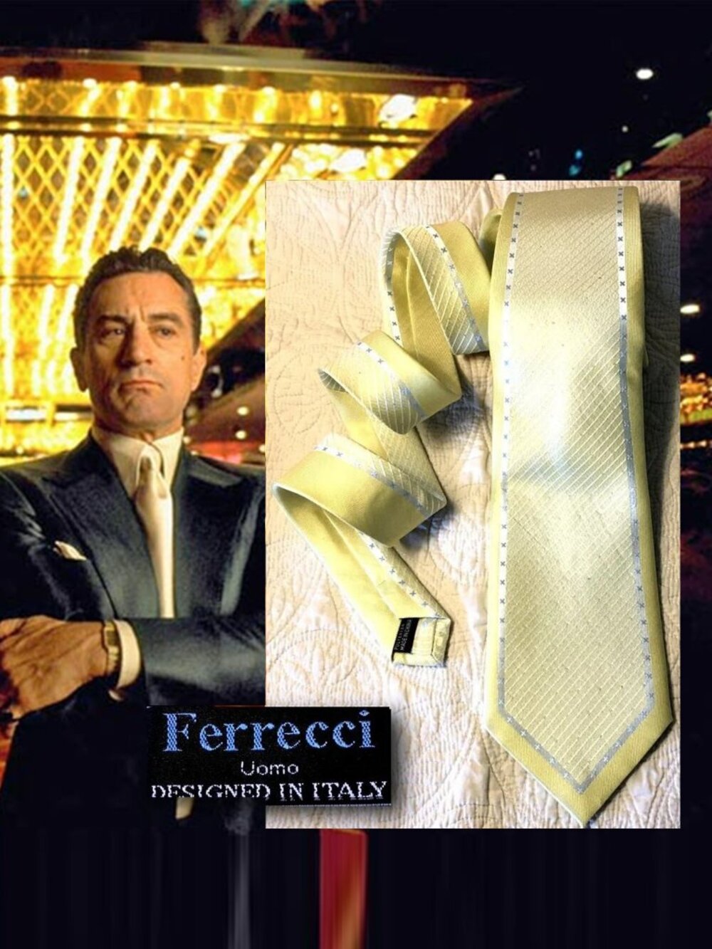 VTG Ferrecci Yellow & Silver Necktie 🎲 Designed in Italy